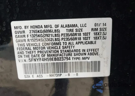 2014 Honda Pilot Ex-L from USA, damaged, VIN 5FNYF4H59EB023794